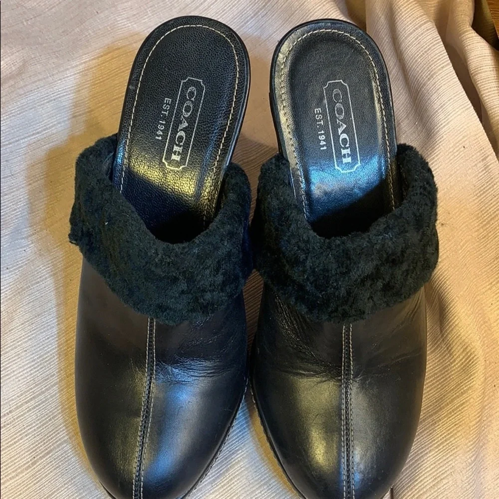 Coach leather furry heeled mules super comfortable